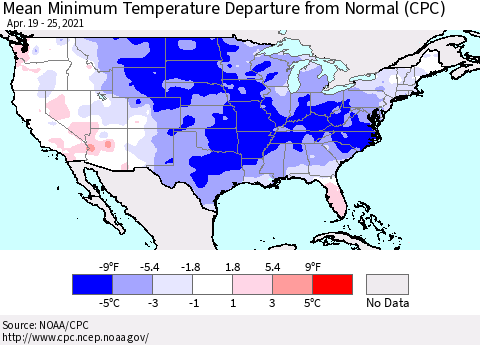 United States Minimum Temperature Departure From Normal (CPC) Thematic Map For 4/19/2021 - 4/25/2021