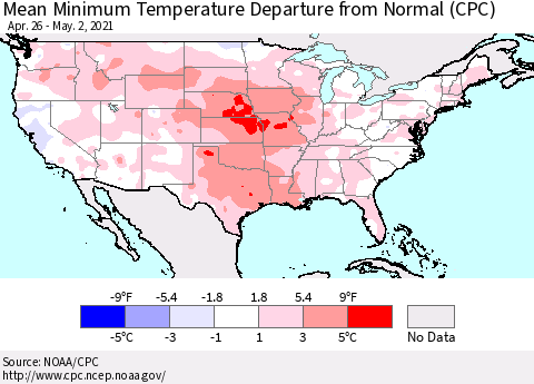 United States Minimum Temperature Departure From Normal (CPC) Thematic Map For 4/26/2021 - 5/2/2021