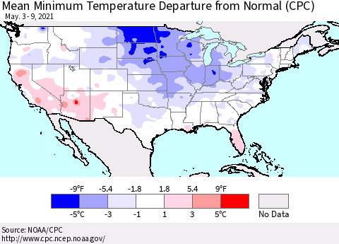 United States Minimum Temperature Departure From Normal (CPC) Thematic Map For 5/3/2021 - 5/9/2021