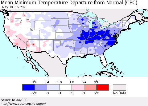 United States Minimum Temperature Departure From Normal (CPC) Thematic Map For 5/10/2021 - 5/16/2021