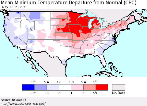 United States Mean Minimum Temperature Departure from Normal (CPC) Thematic Map For 5/17/2021 - 5/23/2021