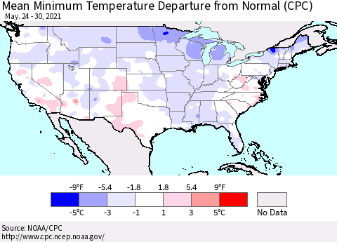 United States Mean Minimum Temperature Departure from Normal (CPC) Thematic Map For 5/24/2021 - 5/30/2021