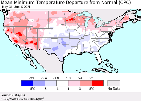 United States Minimum Temperature Departure From Normal (CPC) Thematic Map For 5/31/2021 - 6/6/2021