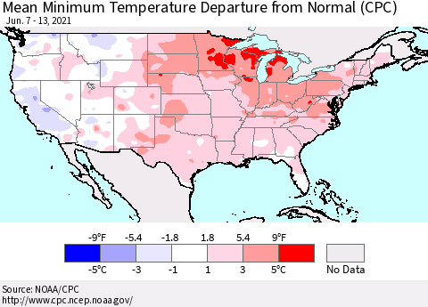 United States Mean Minimum Temperature Departure from Normal (CPC) Thematic Map For 6/7/2021 - 6/13/2021