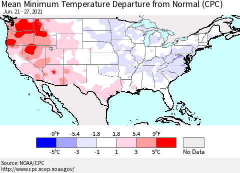 United States Mean Minimum Temperature Departure from Normal (CPC) Thematic Map For 6/21/2021 - 6/27/2021