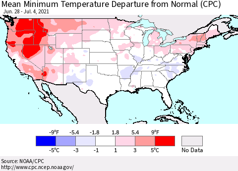United States Mean Minimum Temperature Departure from Normal (CPC) Thematic Map For 6/28/2021 - 7/4/2021