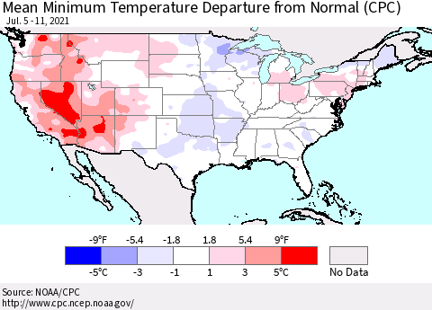 United States Minimum Temperature Departure From Normal (CPC) Thematic Map For 7/5/2021 - 7/11/2021