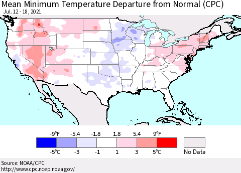 United States Mean Minimum Temperature Departure from Normal (CPC) Thematic Map For 7/12/2021 - 7/18/2021