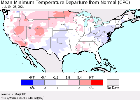 United States Mean Minimum Temperature Departure from Normal (CPC) Thematic Map For 7/19/2021 - 7/25/2021
