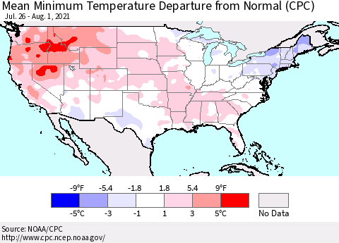 United States Minimum Temperature Departure From Normal (CPC) Thematic Map For 7/26/2021 - 8/1/2021