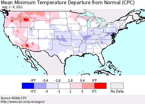 United States Mean Minimum Temperature Departure from Normal (CPC) Thematic Map For 8/2/2021 - 8/8/2021