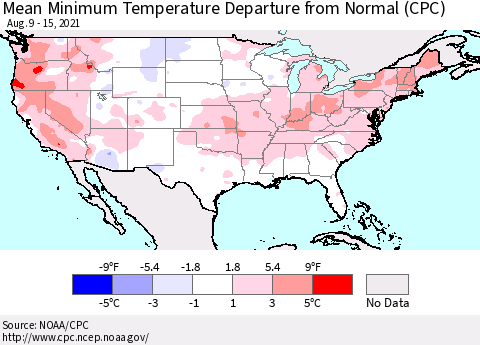 United States Mean Minimum Temperature Departure from Normal (CPC) Thematic Map For 8/9/2021 - 8/15/2021