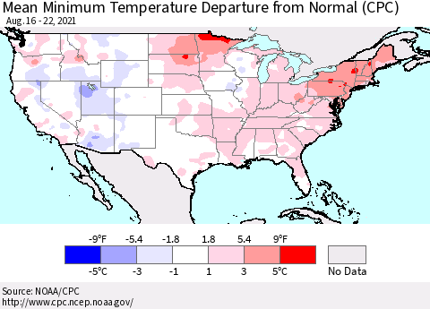 United States Mean Minimum Temperature Departure from Normal (CPC) Thematic Map For 8/16/2021 - 8/22/2021