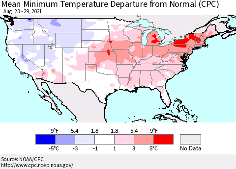 United States Mean Minimum Temperature Departure from Normal (CPC) Thematic Map For 8/23/2021 - 8/29/2021