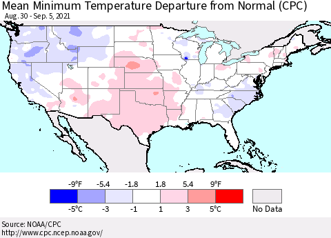 United States Mean Minimum Temperature Departure from Normal (CPC) Thematic Map For 8/30/2021 - 9/5/2021