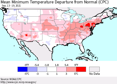 United States Mean Minimum Temperature Departure from Normal (CPC) Thematic Map For 9/13/2021 - 9/19/2021