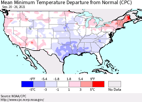 United States Mean Minimum Temperature Departure from Normal (CPC) Thematic Map For 9/20/2021 - 9/26/2021