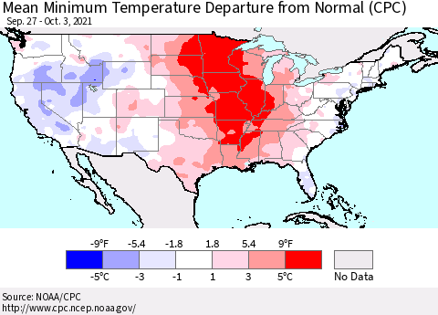 United States Mean Minimum Temperature Departure from Normal (CPC) Thematic Map For 9/27/2021 - 10/3/2021