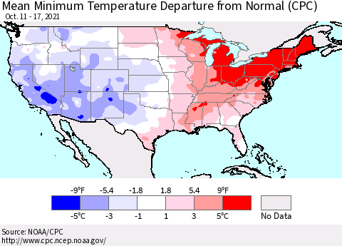 United States Mean Minimum Temperature Departure from Normal (CPC) Thematic Map For 10/11/2021 - 10/17/2021