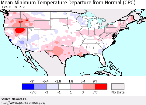 United States Minimum Temperature Departure From Normal (CPC) Thematic Map For 10/18/2021 - 10/24/2021