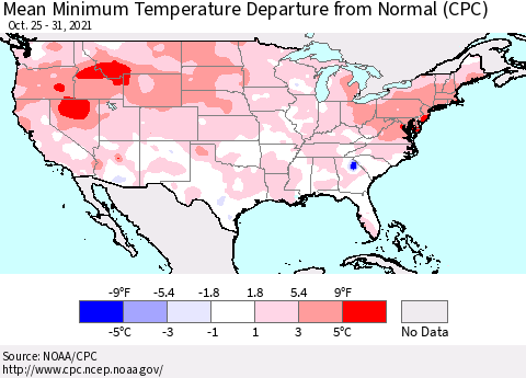 United States Minimum Temperature Departure From Normal (CPC) Thematic Map For 10/25/2021 - 10/31/2021