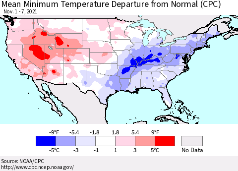 United States Mean Minimum Temperature Departure from Normal (CPC) Thematic Map For 11/1/2021 - 11/7/2021