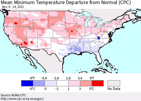 United States Mean Minimum Temperature Departure from Normal (CPC) Thematic Map For 11/8/2021 - 11/14/2021