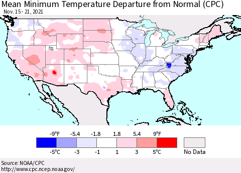 United States Mean Minimum Temperature Departure from Normal (CPC) Thematic Map For 11/15/2021 - 11/21/2021