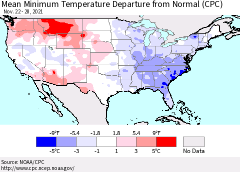 United States Mean Minimum Temperature Departure from Normal (CPC) Thematic Map For 11/22/2021 - 11/28/2021