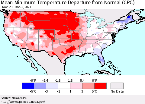 United States Mean Minimum Temperature Departure from Normal (CPC) Thematic Map For 11/29/2021 - 12/5/2021