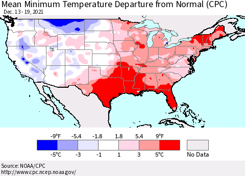 United States Mean Minimum Temperature Departure from Normal (CPC) Thematic Map For 12/13/2021 - 12/19/2021