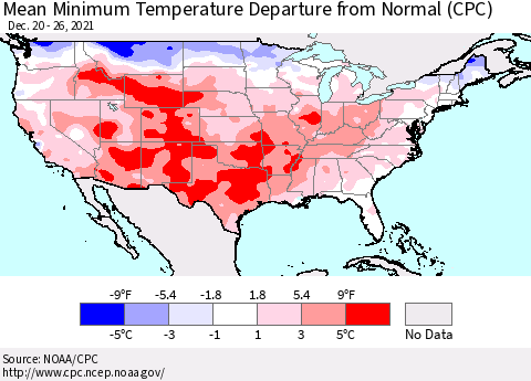 United States Mean Minimum Temperature Departure from Normal (CPC) Thematic Map For 12/20/2021 - 12/26/2021