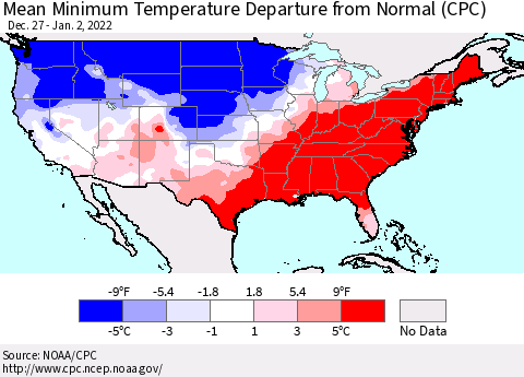 United States Mean Minimum Temperature Departure from Normal (CPC) Thematic Map For 12/27/2021 - 1/2/2022