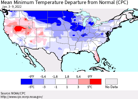 United States Mean Minimum Temperature Departure from Normal (CPC) Thematic Map For 1/3/2022 - 1/9/2022