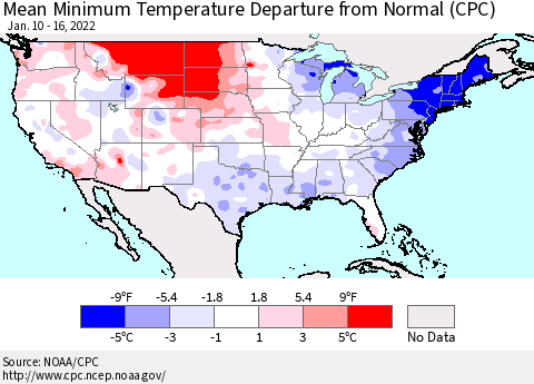 United States Minimum Temperature Departure From Normal (CPC) Thematic Map For 1/10/2022 - 1/16/2022