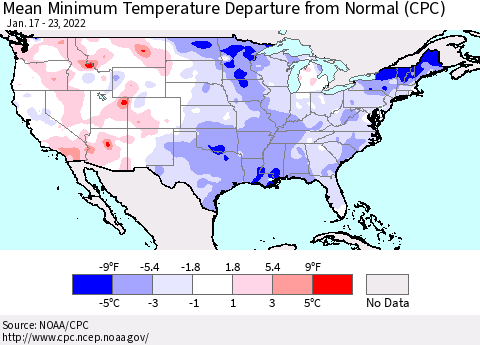 United States Mean Minimum Temperature Departure from Normal (CPC) Thematic Map For 1/17/2022 - 1/23/2022
