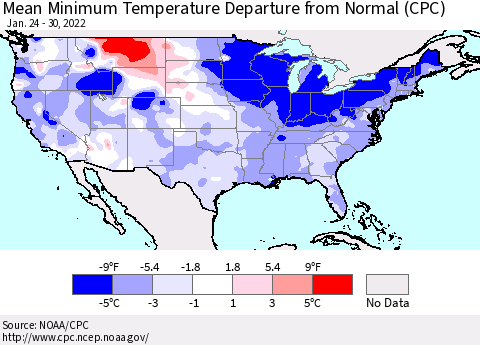 United States Minimum Temperature Departure From Normal (CPC) Thematic Map For 1/24/2022 - 1/30/2022