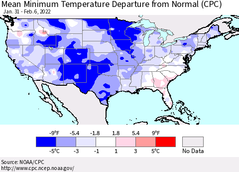 United States Minimum Temperature Departure From Normal (CPC) Thematic Map For 1/31/2022 - 2/6/2022