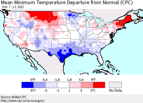 United States Mean Minimum Temperature Departure from Normal (CPC) Thematic Map For 2/7/2022 - 2/13/2022