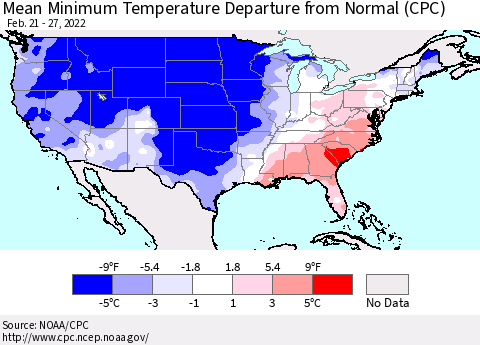 United States Minimum Temperature Departure From Normal (CPC) Thematic Map For 2/21/2022 - 2/27/2022