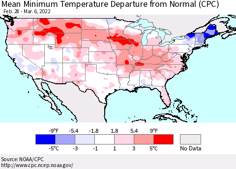 United States Mean Minimum Temperature Departure from Normal (CPC) Thematic Map For 2/28/2022 - 3/6/2022