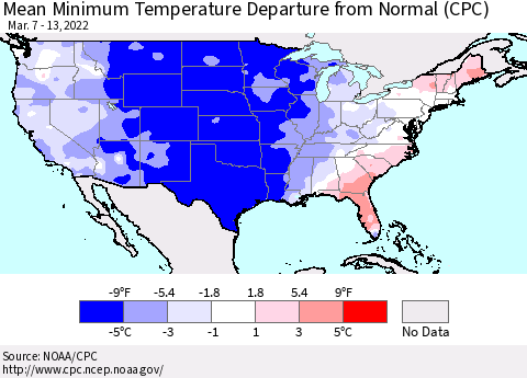 United States Mean Minimum Temperature Departure from Normal (CPC) Thematic Map For 3/7/2022 - 3/13/2022