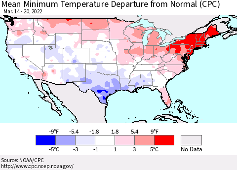 United States Mean Minimum Temperature Departure from Normal (CPC) Thematic Map For 3/14/2022 - 3/20/2022