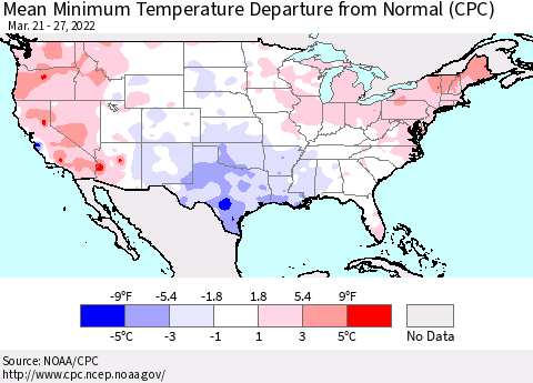 United States Mean Minimum Temperature Departure from Normal (CPC) Thematic Map For 3/21/2022 - 3/27/2022