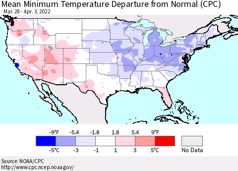 United States Mean Minimum Temperature Departure from Normal (CPC) Thematic Map For 3/28/2022 - 4/3/2022