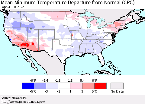 United States Mean Minimum Temperature Departure from Normal (CPC) Thematic Map For 4/4/2022 - 4/10/2022