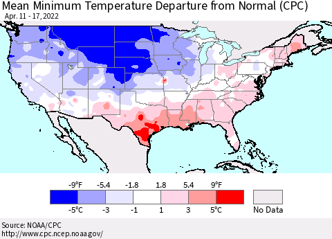 United States Mean Minimum Temperature Departure from Normal (CPC) Thematic Map For 4/11/2022 - 4/17/2022