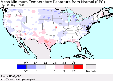 United States Minimum Temperature Departure From Normal (CPC) Thematic Map For 4/25/2022 - 5/1/2022