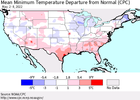 United States Mean Minimum Temperature Departure from Normal (CPC) Thematic Map For 5/2/2022 - 5/8/2022