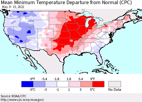 United States Minimum Temperature Departure From Normal (CPC) Thematic Map For 5/9/2022 - 5/15/2022